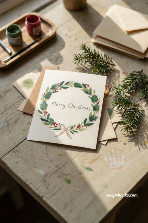 Fingerprint wreath Christmas card ideas for easy handmade keepsakes
