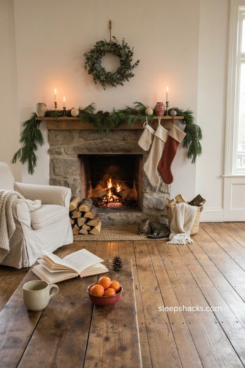 Fireplace christmas decorations with rustic mantel garland and cozy vintage accents