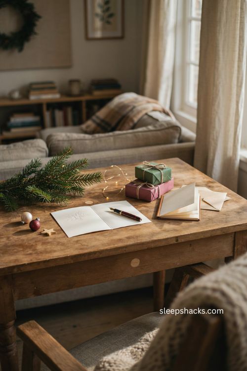 First Christmas together card for boyfriend with romantic holiday keepsakes and cozy milestone writing setup 