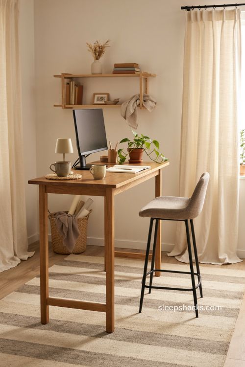 Fixed height standing desk with tall stool for a cozy home office 
