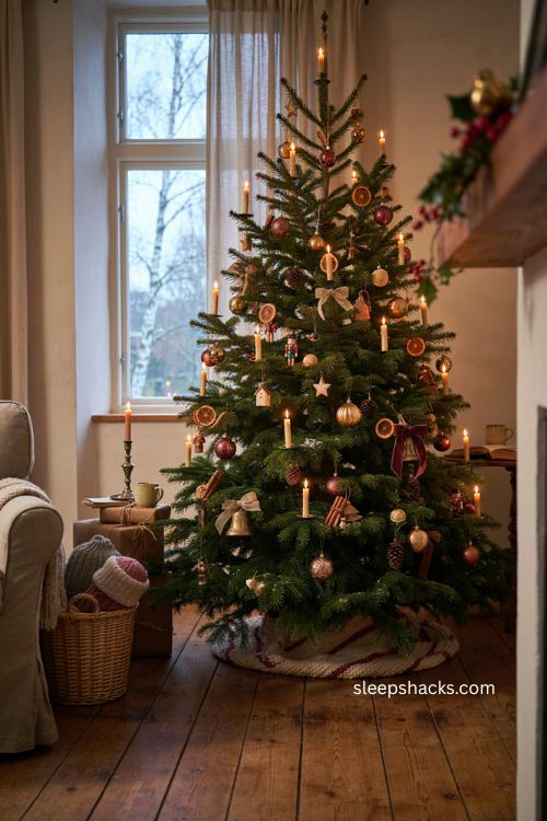 Flameless candle ornaments on a christmas tree for cozy old world holiday decor 