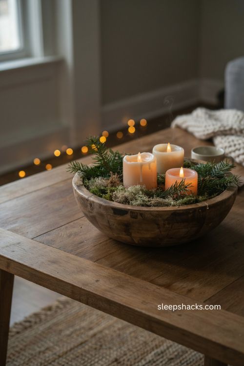 Flameless candles in rustic wood bowl christmas coffee table decor 