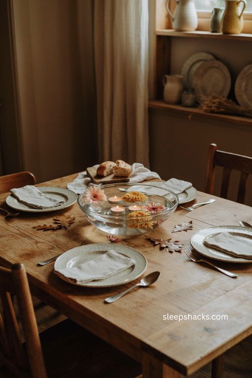 Floating candle and flower bowl Thanksgiving centerpiece with gerbera daisies chrysanthemums and water 