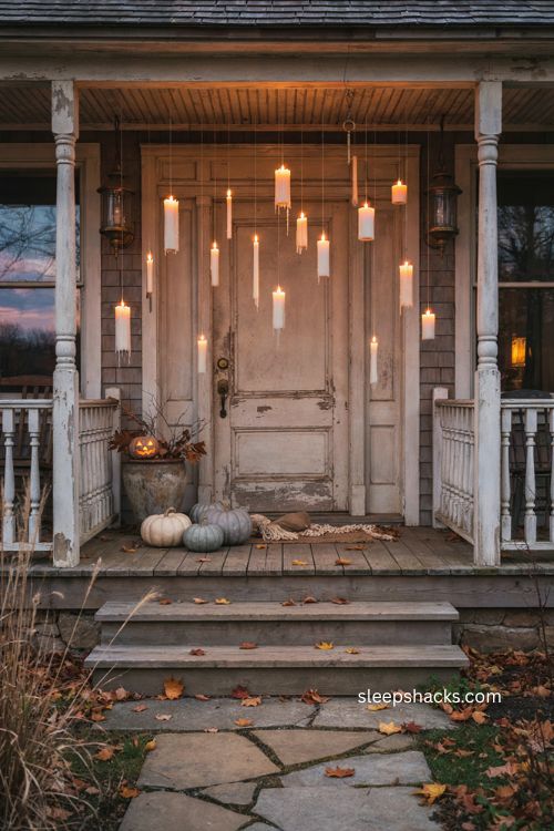 Floating candles Halloween porch decor with magical candlelit entryway after sunset 
