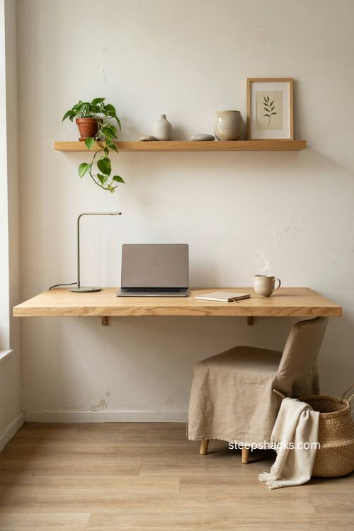 Floating desk shelf with no legs for a minimalist small home office