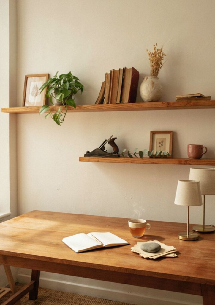 Floating shelves above desk with plants books and vintage office decor