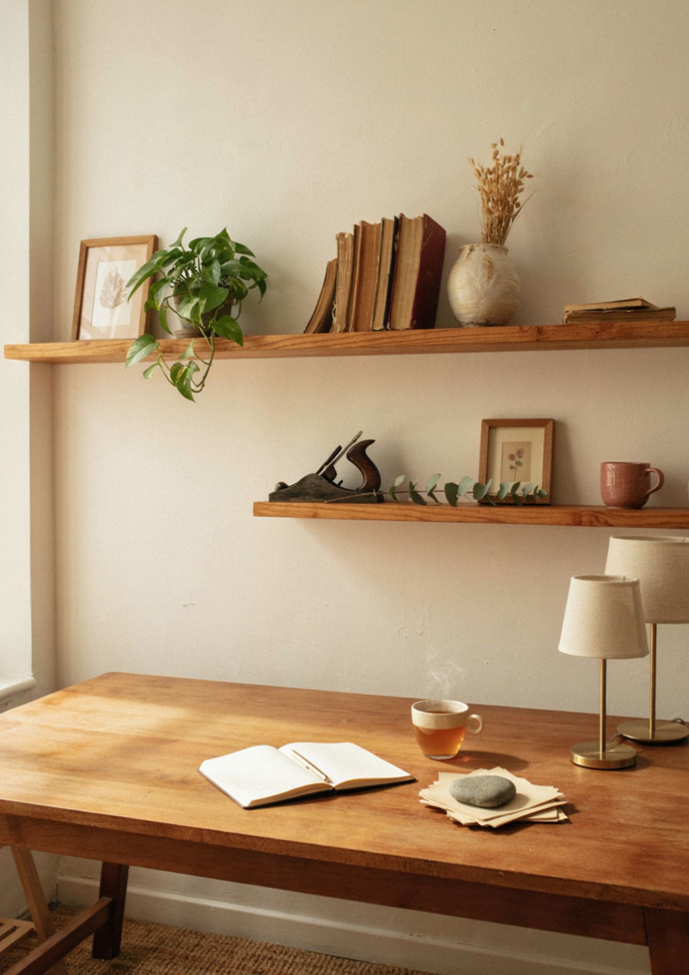 Floating shelves above desk with plants books and vintage office decor