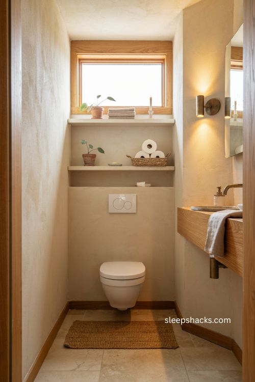 Floating shelves above the toilet for small toilet room storage 