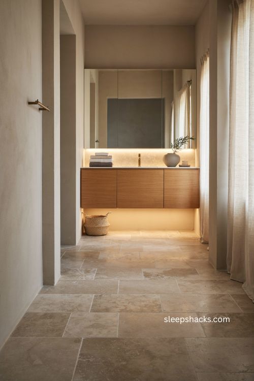 Floating wall mounted vanity bathroom with warm wood hidden storage and soft lighting 