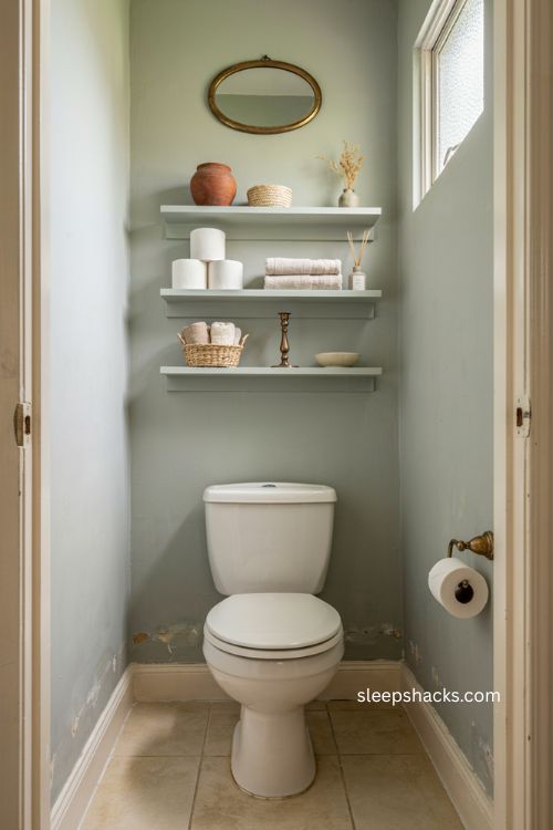 Floating wall shelves above toilet with matching sage green paint and cozy storage