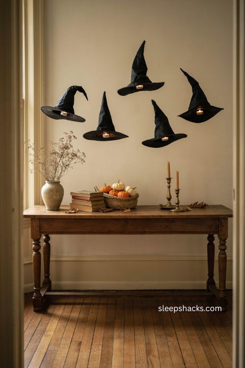 Floating witch hat luminaries with glowing hats and cozy Halloween entryway decor 