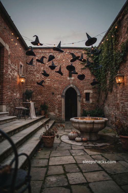 Floating witch hats and glowing string lights in elegant brick courtyard Halloween decor