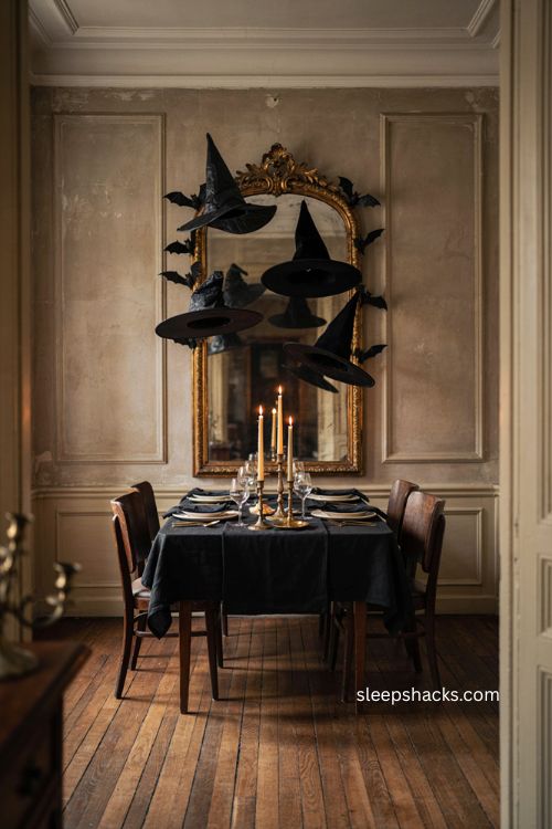 Floating witch hats black linens and brass candlesticks Halloween dinner table decor