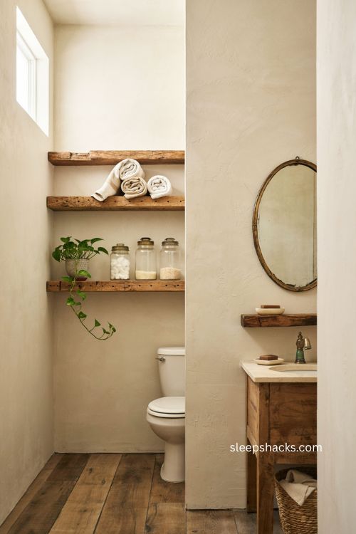 Floating wood shelves for storage in a rustic small bathroom