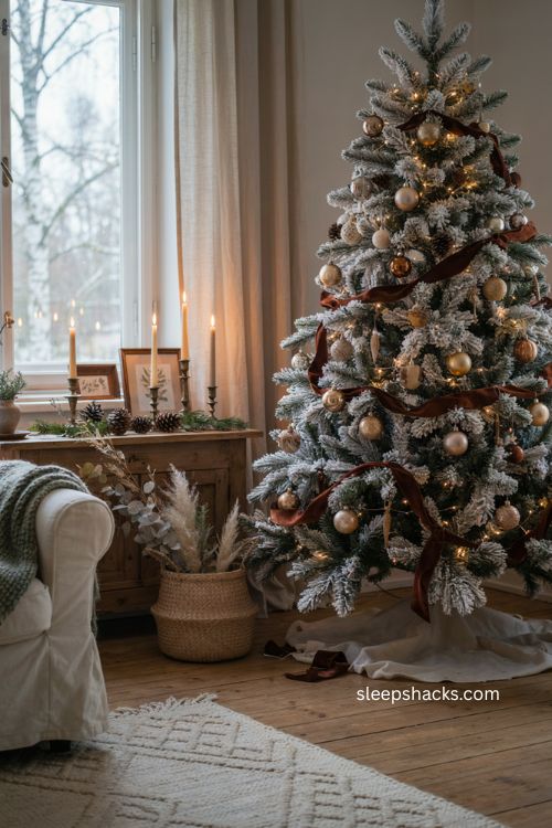 Flocked Christmas tree with brown ribbon gold accents and cozy winter holiday decor