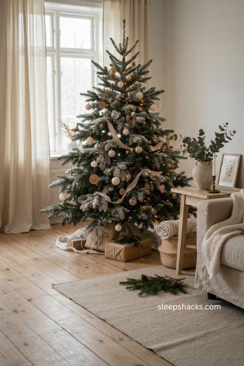 Flocked neutral Christmas tree with snowy branches and simple cream ornaments 
