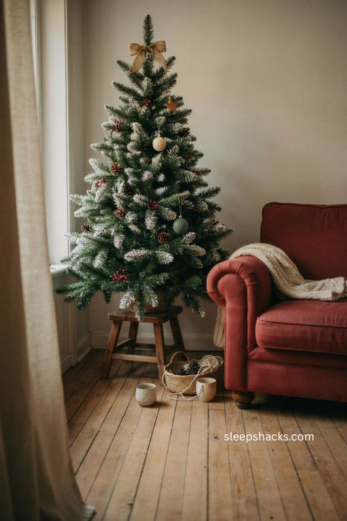 Flocked small Christmas tree with pinecones and burlap bow