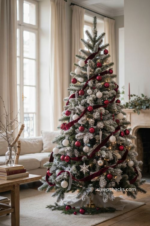 Flocked white Christmas tree with burgundy ribbon and white ornaments 