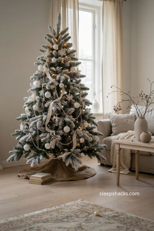 Flocked white Christmas tree with velvet ribbon pearls and snowflake ornaments 