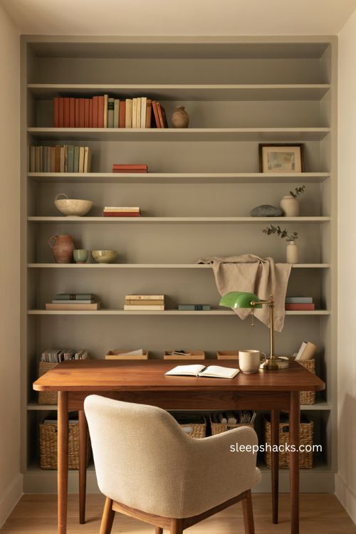 Floor to ceiling shelves behind desk in a stylish home office 