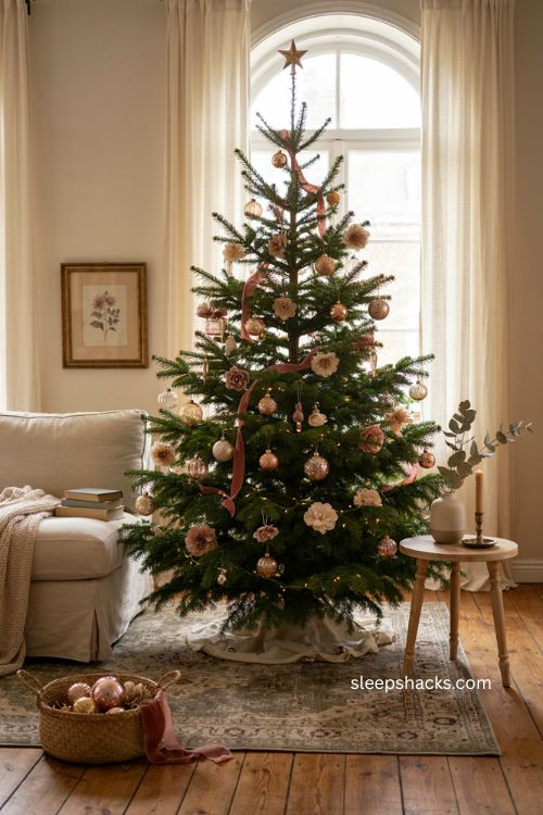 Floral ornaments on a Christmas tree with blush pink embroidered flowers and antique gold 