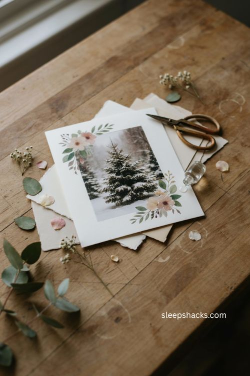 Floral photo border Christmas card with pressed flowers soft green greenery and natural holiday photo 