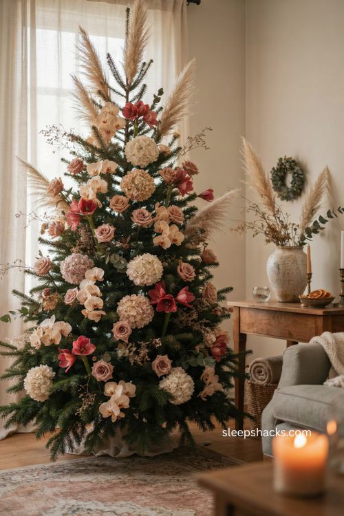 Flower covered Christmas tree with roses hydrangeas orchids amaryllis and pampas grass