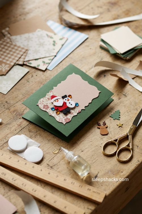 Foam topper Christmas card with layered scalloped paper Santa snowman and dimensional holiday scene 