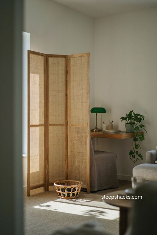 Folding screen small office decor ideas for hiding clutter and defining a workspace