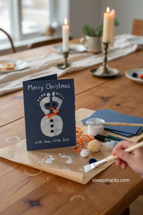 Footprint snowman Christmas card for kids with painted footprint craft and cozy handmade holiday keepsake 