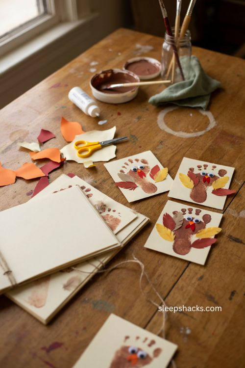 Footprint turkey keepsake craft for toddlers with colorful fall feathers 