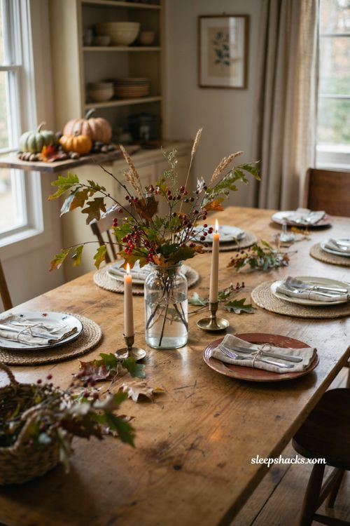 Foraged Thanksgiving centerpiece with backyard branches berries and candles 