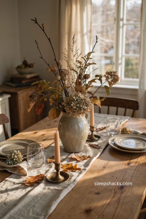 Foraged Thanksgiving centerpiece with branches dried grasses and hydrangeas 