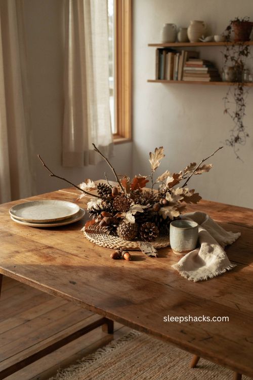 Foraged fall centerpiece with pinecones branches acorns and dried seed pods in a wooden bowl