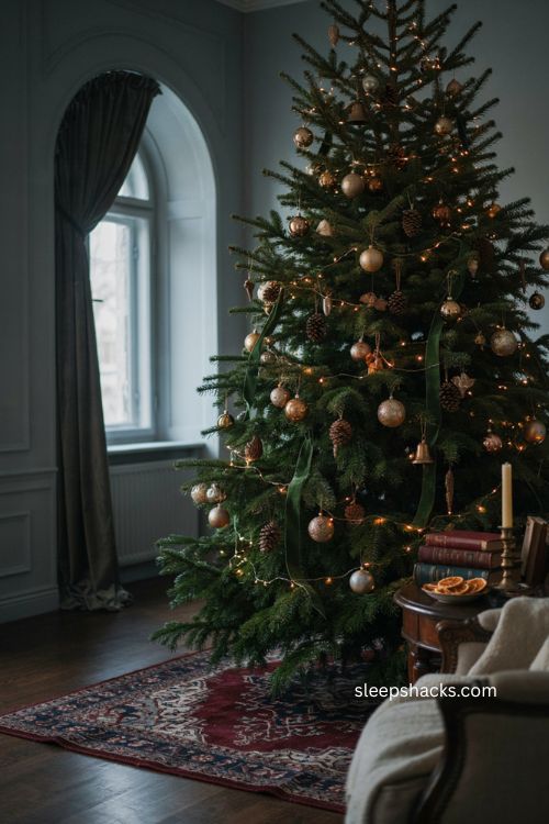 Forest green and antique gold moody Christmas tree ideas