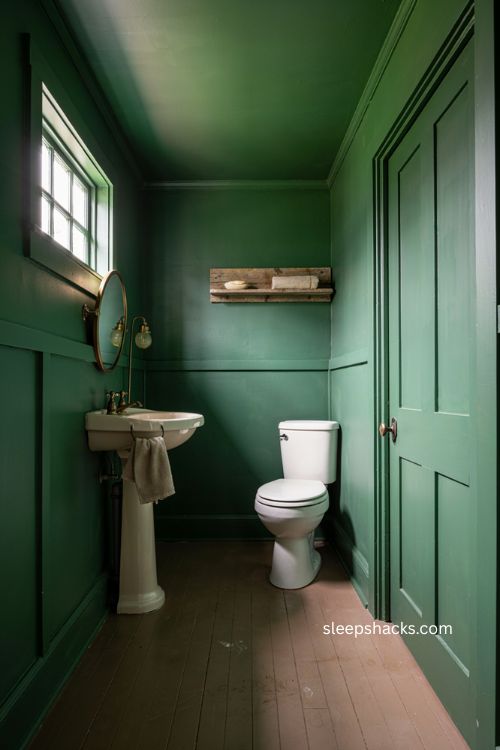 Forest green color drenched half bathroom ideas with warm brass