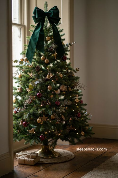 Forest green velvet bow Christmas tree topper with gold bells and pinecones 