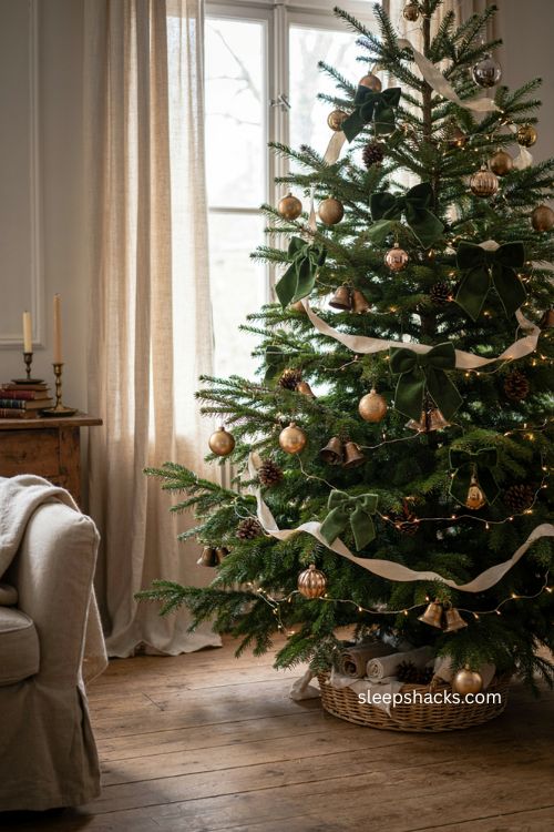 Forest green velvet bows with antique gold ornaments on Christmas tree 