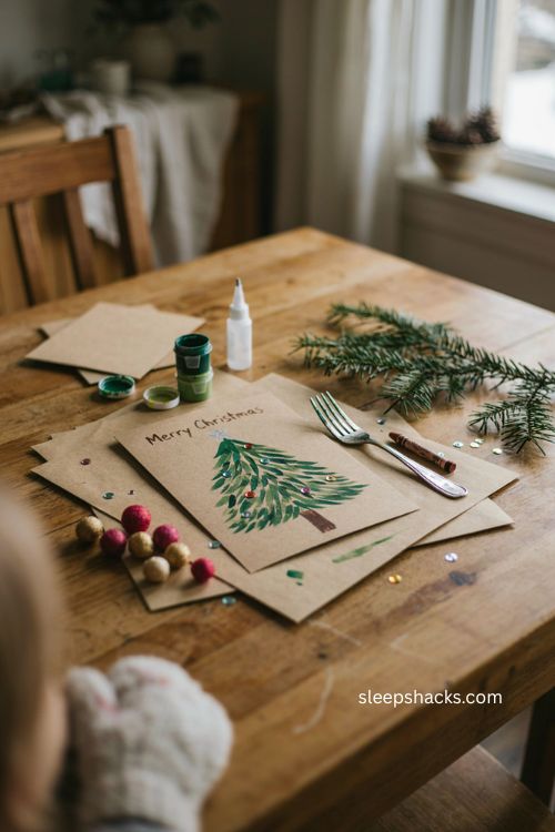 Fork print Christmas tree card for kids with layered green paint pom pom ornaments and handmade holiday craft supplies 