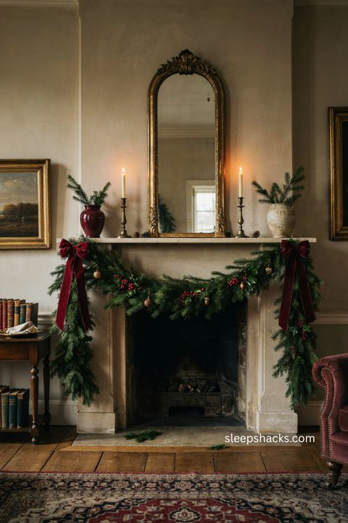 Formal Christmas garland mantel with bows berries and acorns