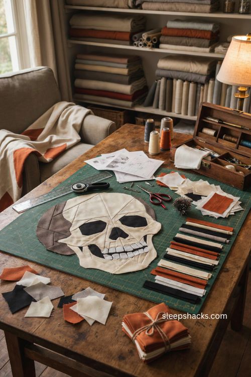 Foundation paper pieced skull quilt block with black orange fabric and cozy sewing room