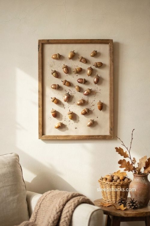 Framed glittered acorns in gold copper and bronze for fall wall decor 