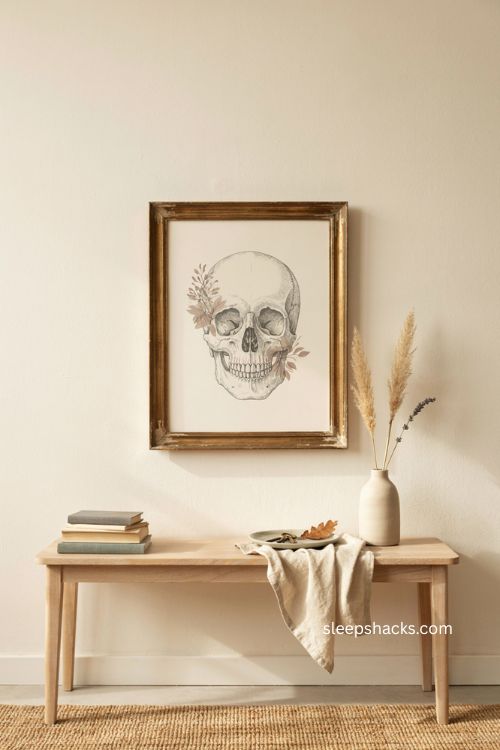 Framed skull print with floral linework on a minimalist Halloween console 