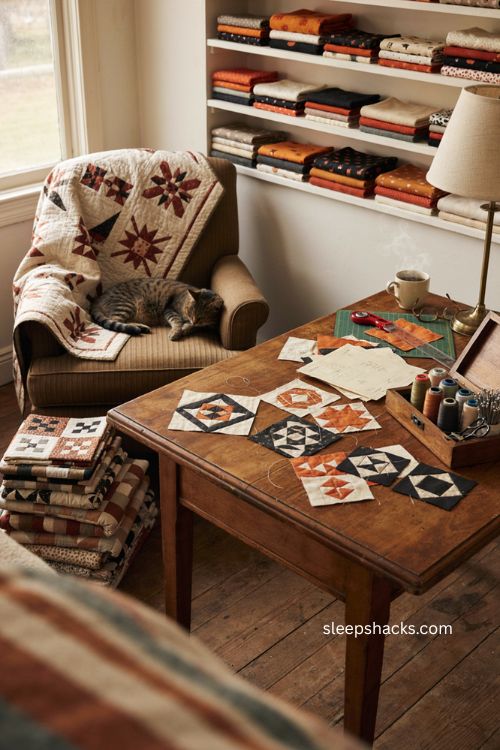 Free Halloween quilt patterns with orange black fabric patchwork blocks and cozy sewing room