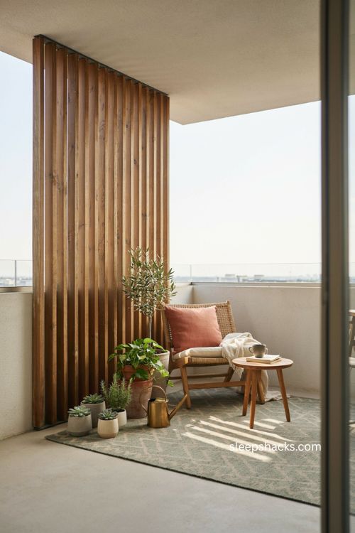 Freestanding slatted privacy screen for a cozy apartment balcony 