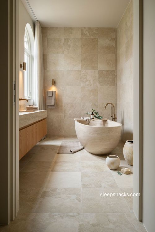 Freestanding soaking tub in a luxurious warm stone bathroom with elegant spa details 