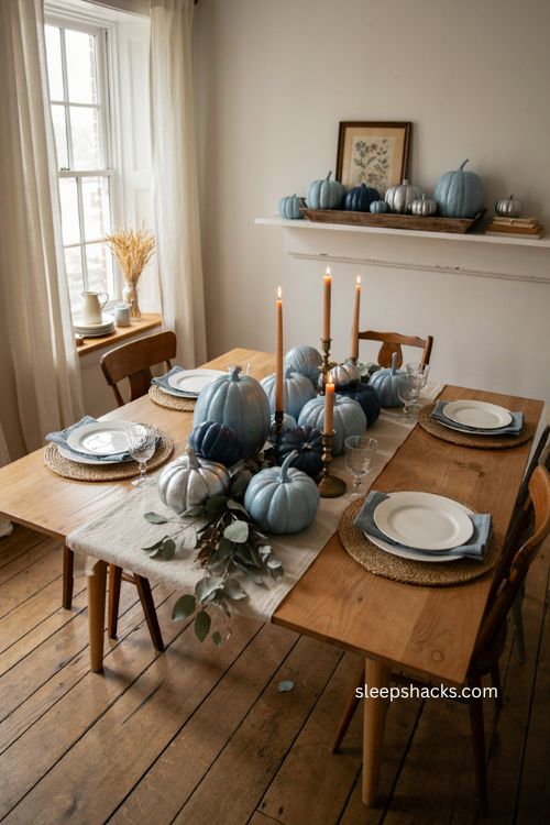 French blue painted pumpkins for elegant Thanksgiving table decor