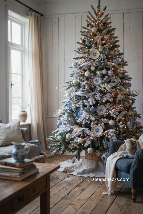 French farmhouse frosted Christmas tree with blue and white ceramic ornaments