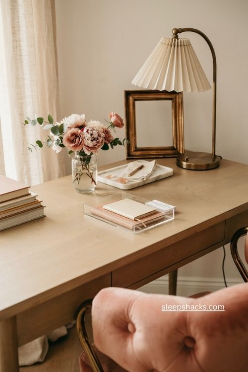 Fresh flowers on desk for a soft glamorous home office 