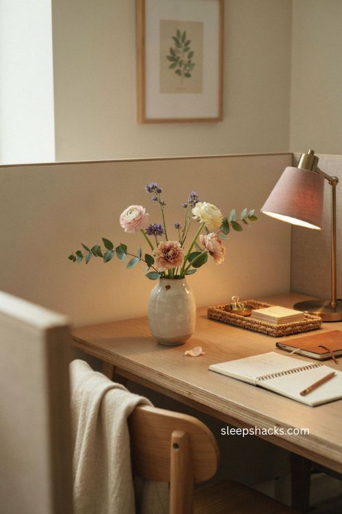 Fresh flowers on office desk with soft pink cream blooms and cozy cubicle decor 